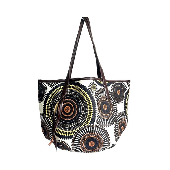 Neiman Marcus Woven Rattan Tote Shoulder Bag Large Leather Trim Circle Abstract - Picture 1 of 9